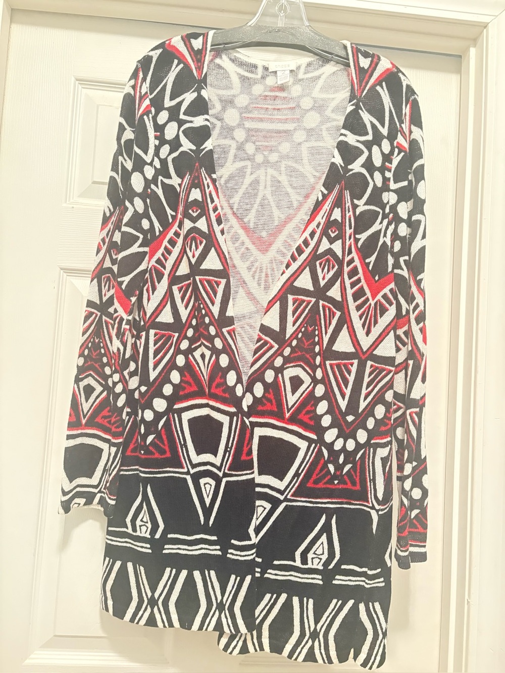 CHICOS RED/Cream/black open front long cardigan Chicos sz 2/L